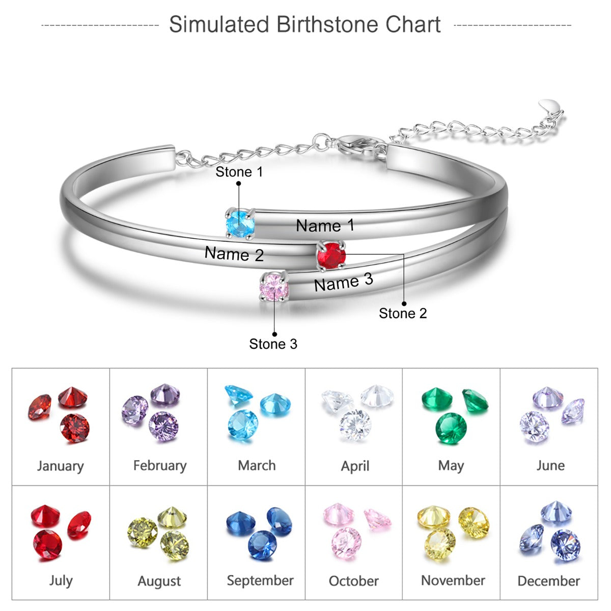 Rhodium Plated Birthstone Bangle Bracelet