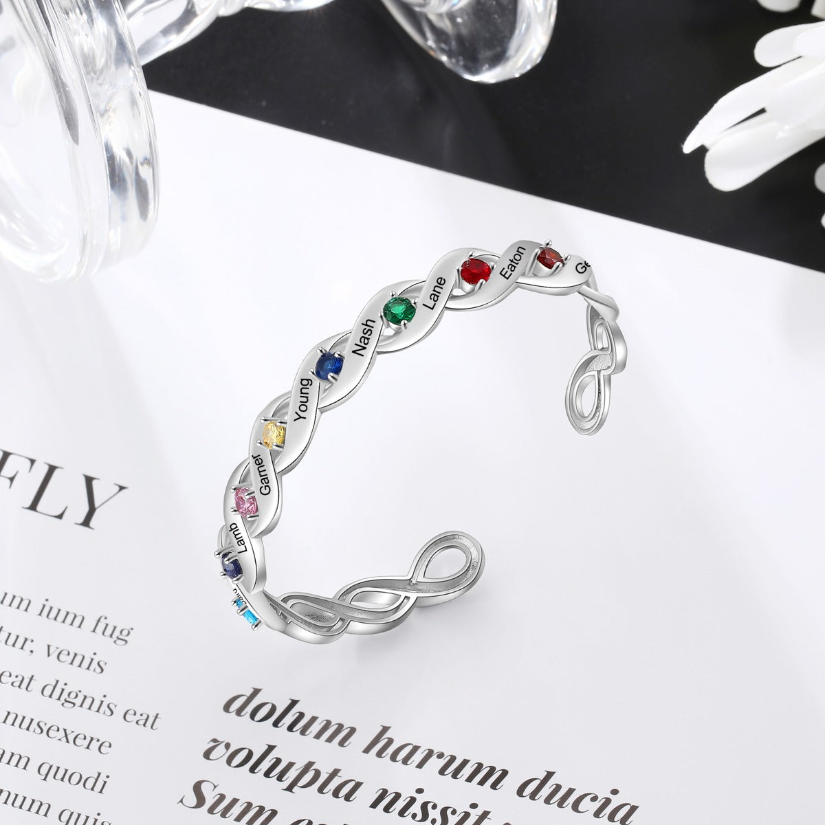 Birthstone Rhodium Plated Birthstone Bangle Bracelet