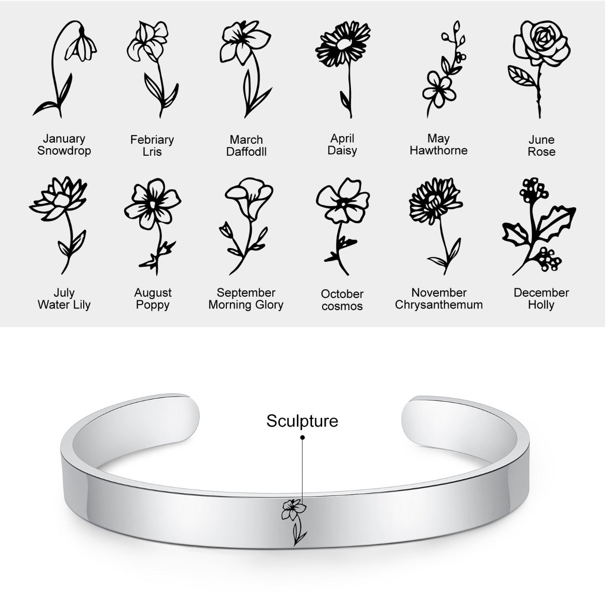 Stainless Steel Birthflower Bracelet