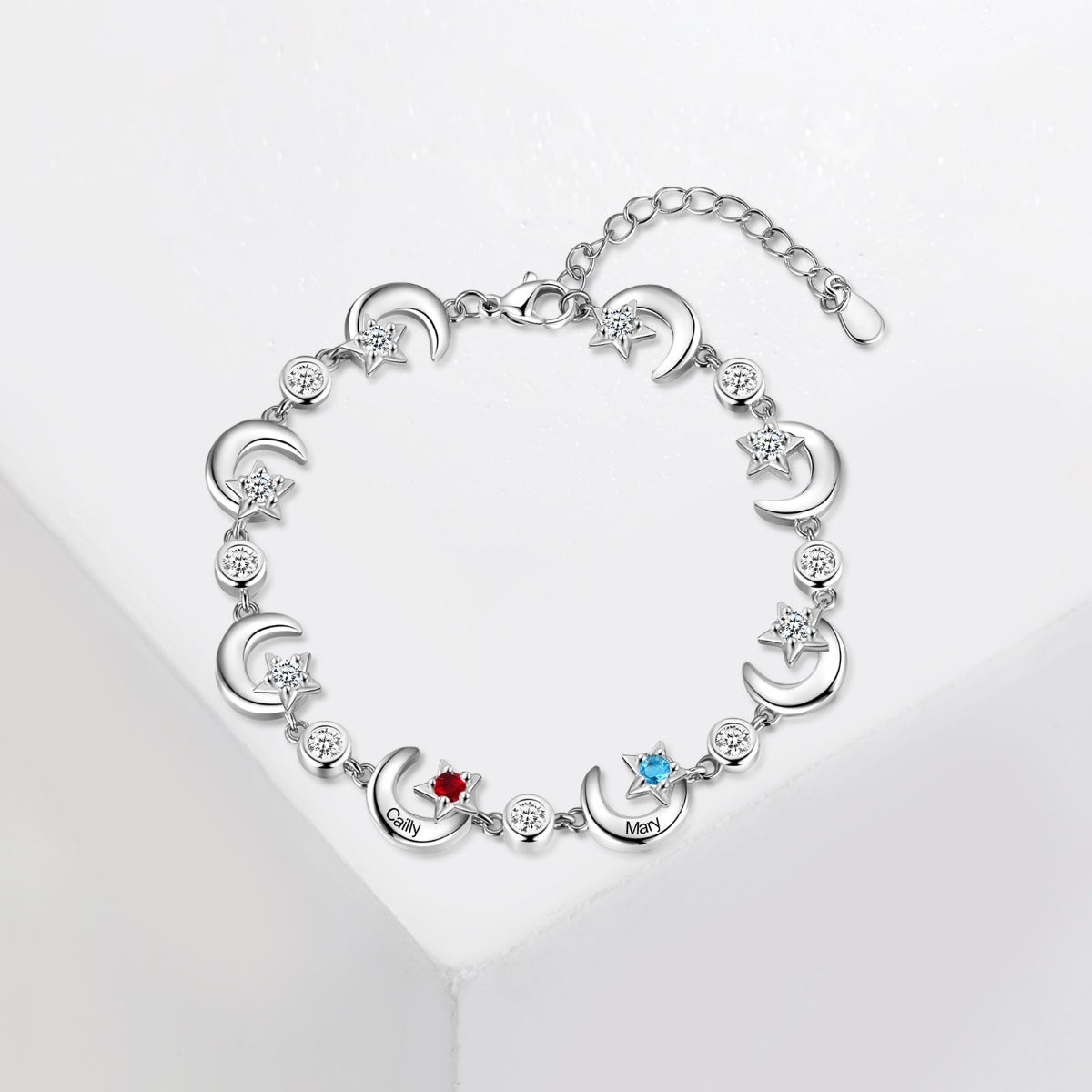 Rhodium Plated Star and Moon Bracelet
