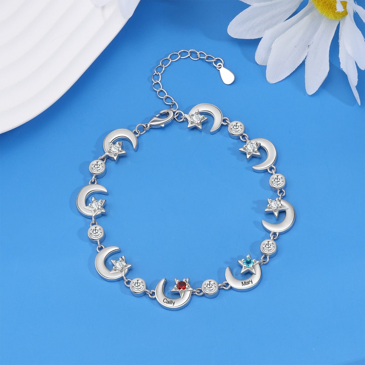Rhodium Plated Star and Moon Bracelet