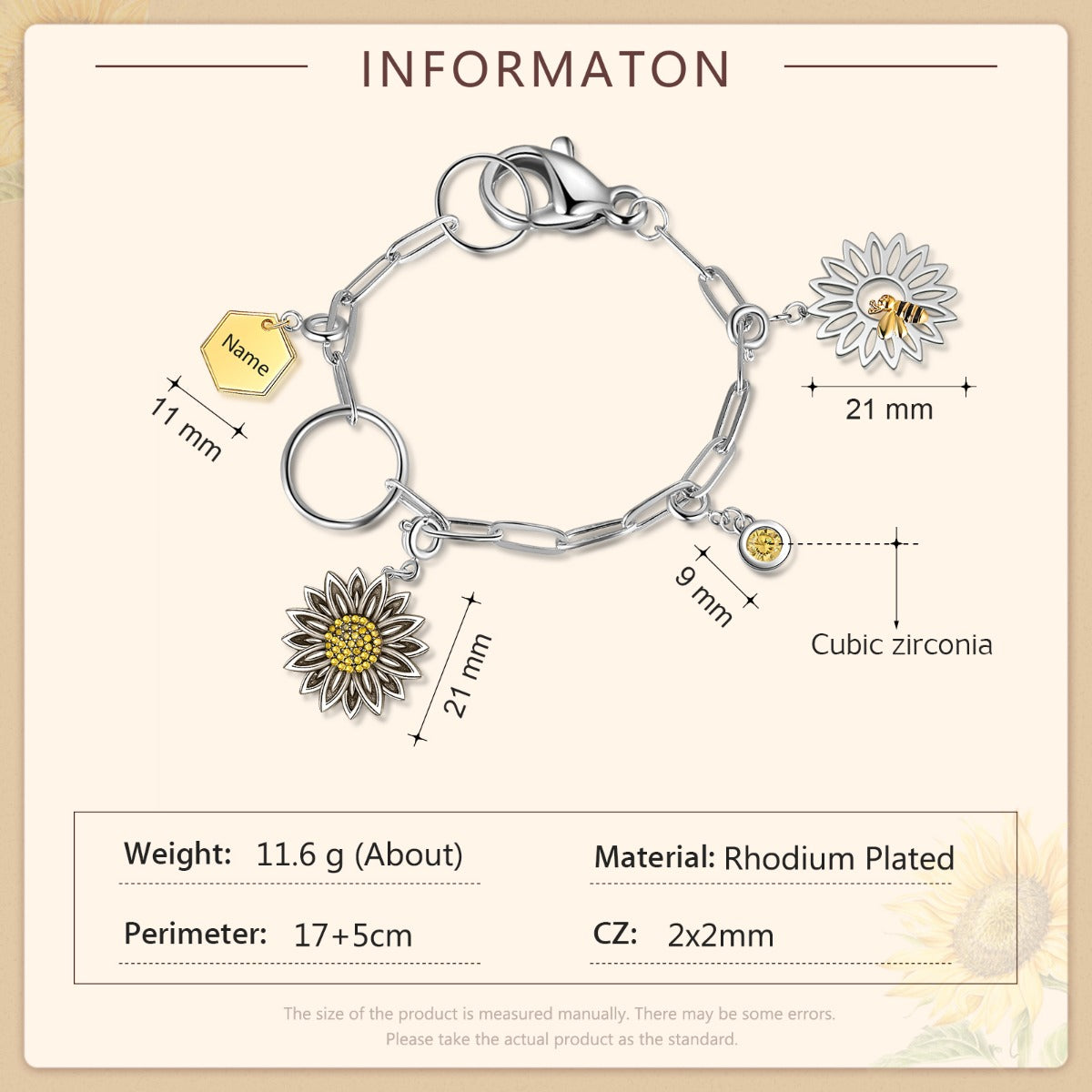 Rhodium Plated Sunflower and Bee Bracelet