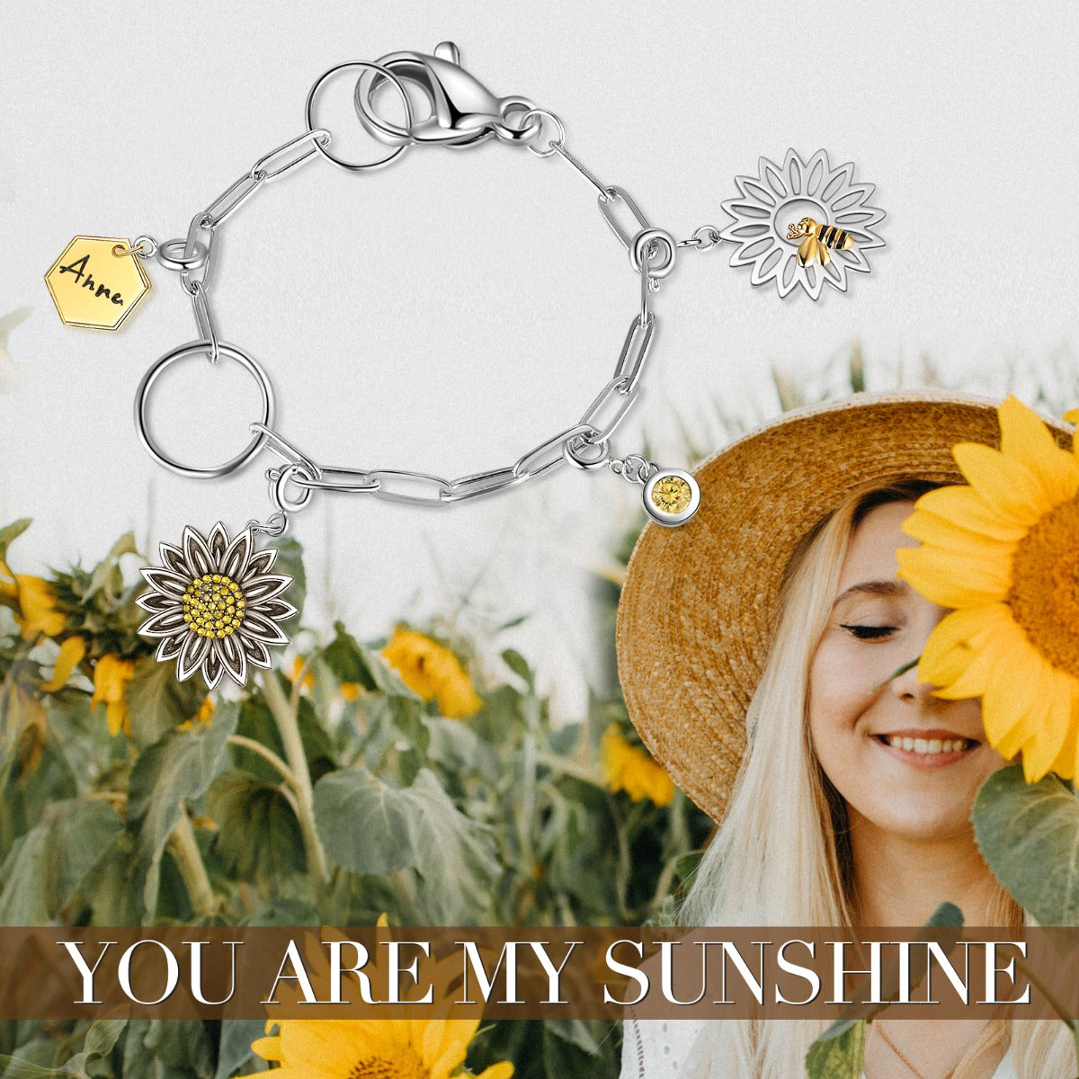 Rhodium Plated Sunflower and Bee Bracelet