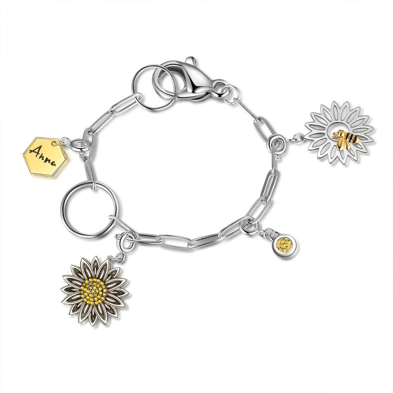 Rhodium Plated Sunflower and Bee Bracelet