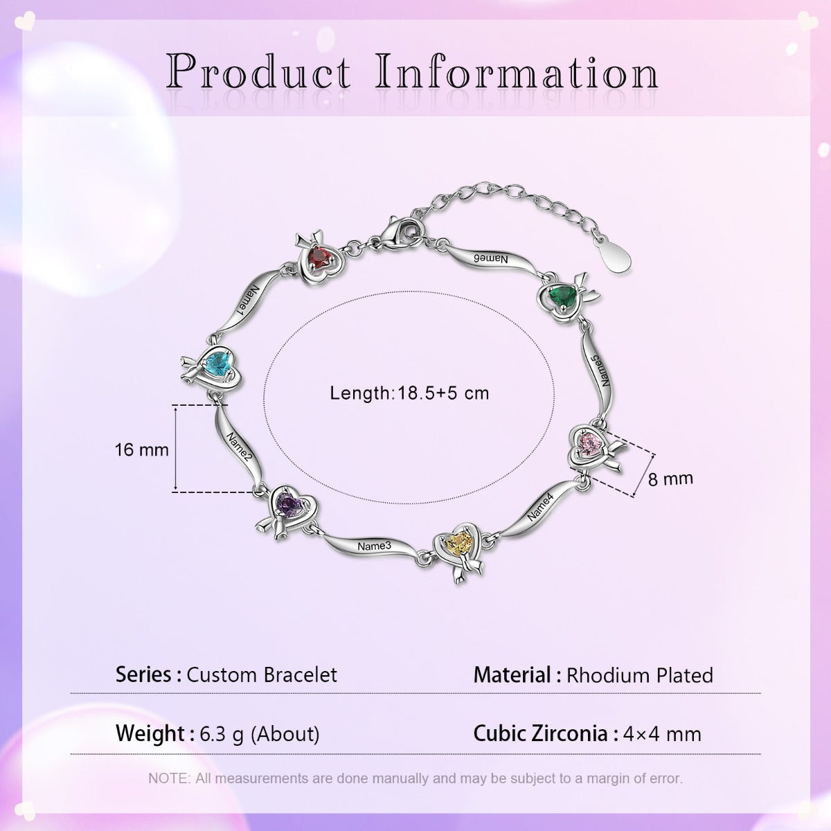 Rhodium Plated Heart Shape Birthstone Bracelet
