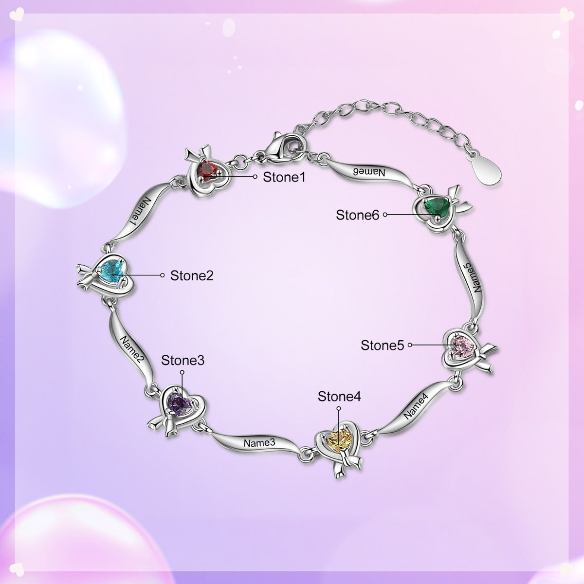 Rhodium Plated Heart Shape Birthstone Bracelet