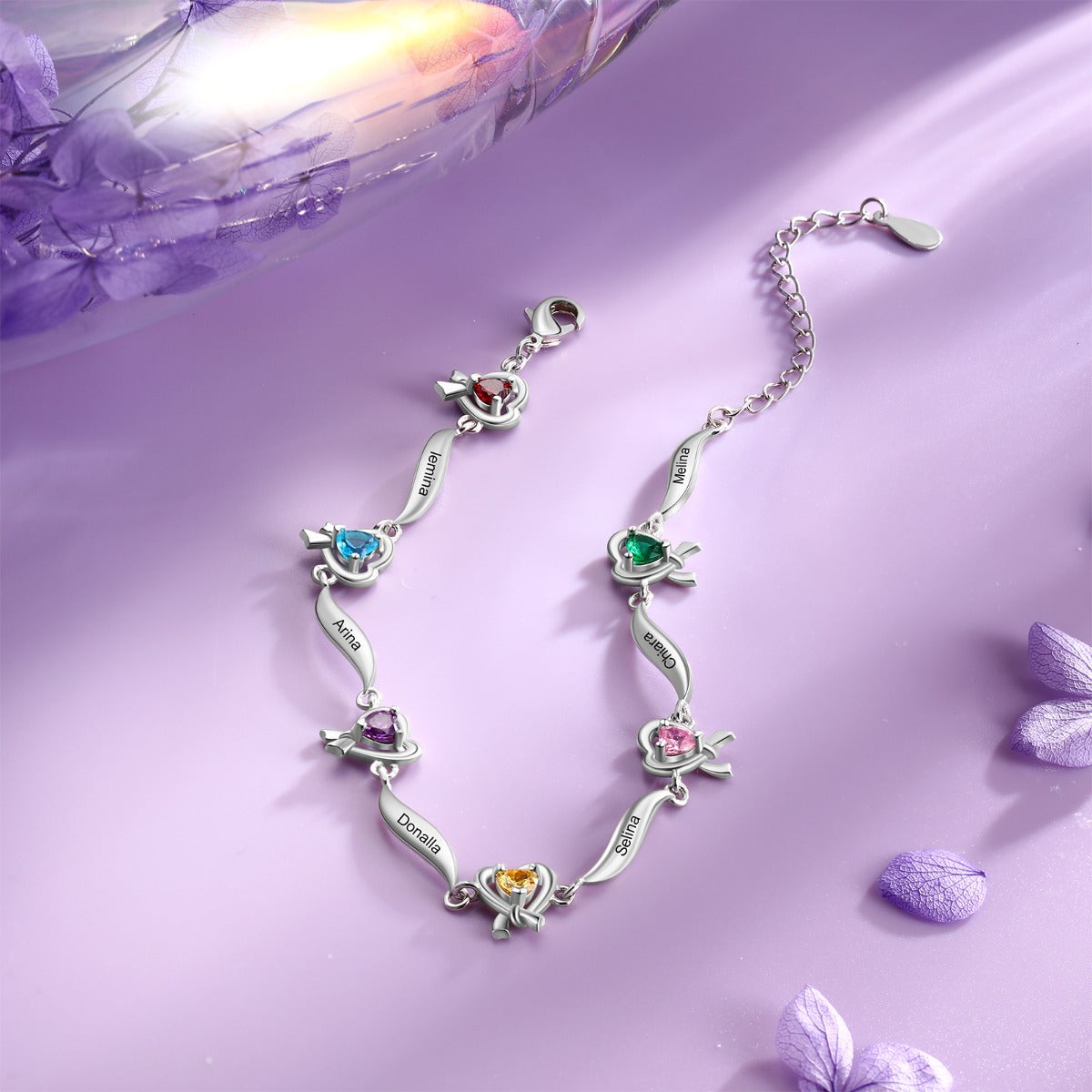 Rhodium Plated Heart Shape Birthstone Bracelet