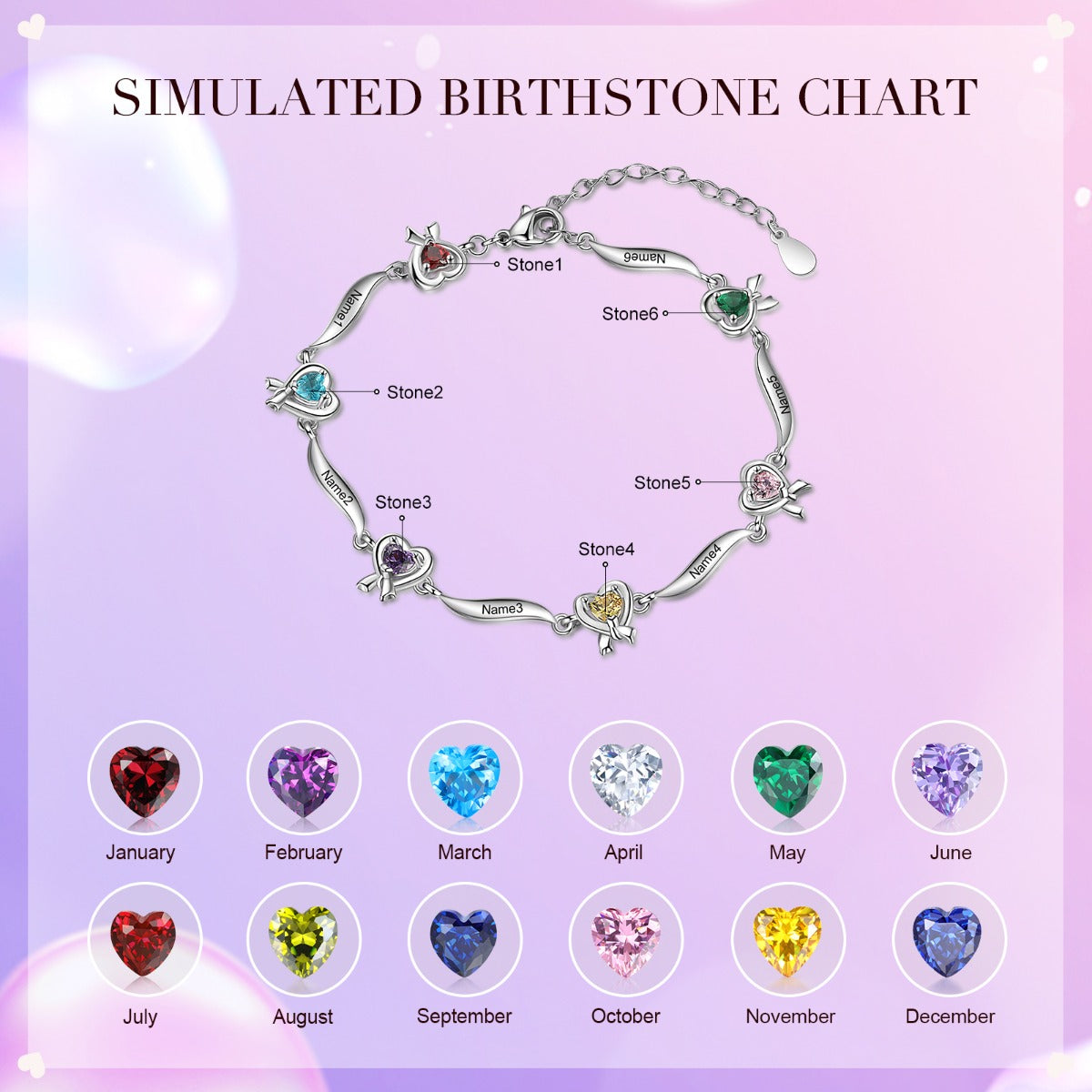 Rhodium Plated Heart Shape Birthstone Bracelet