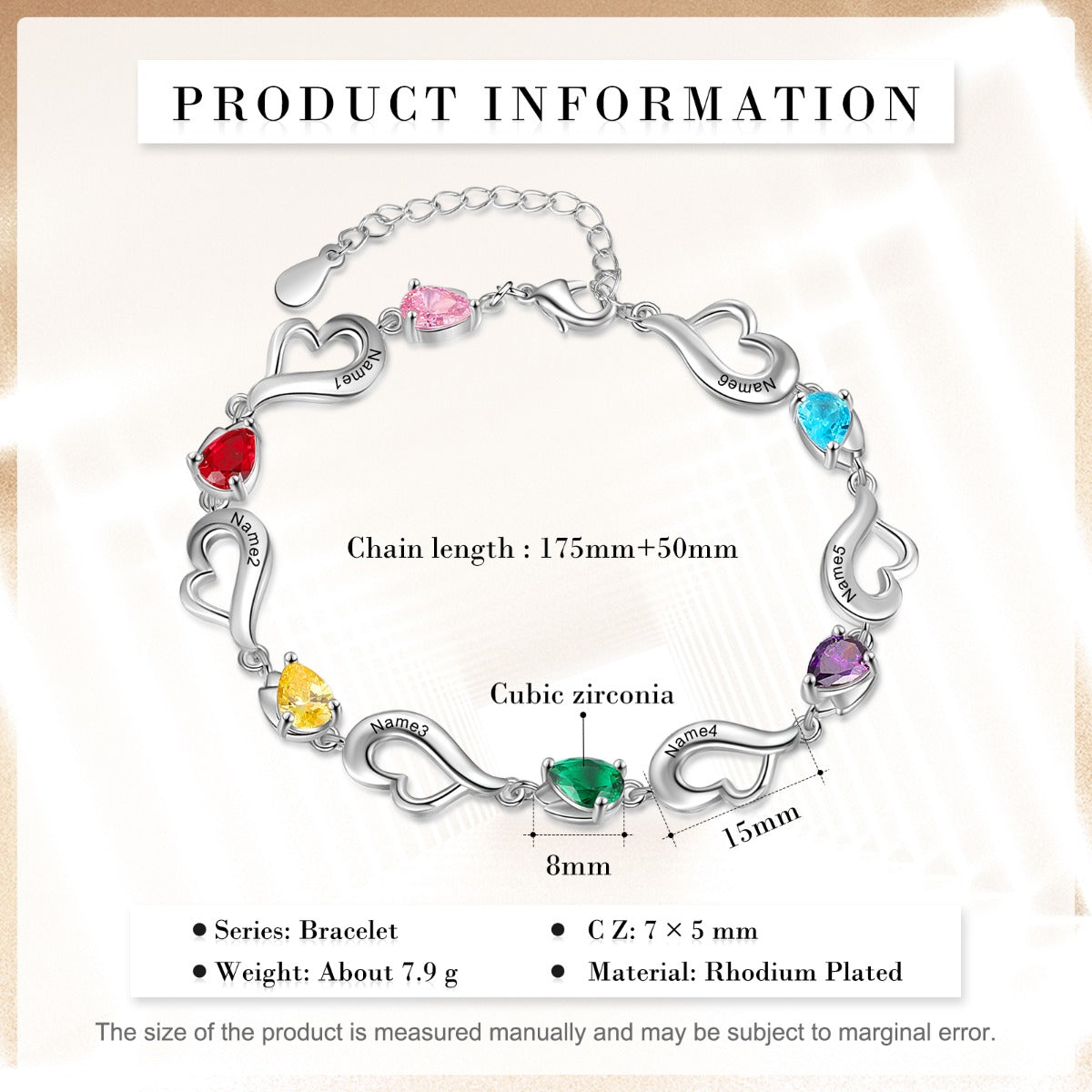 Rhodium Plated Heart Birthstone Bracelet