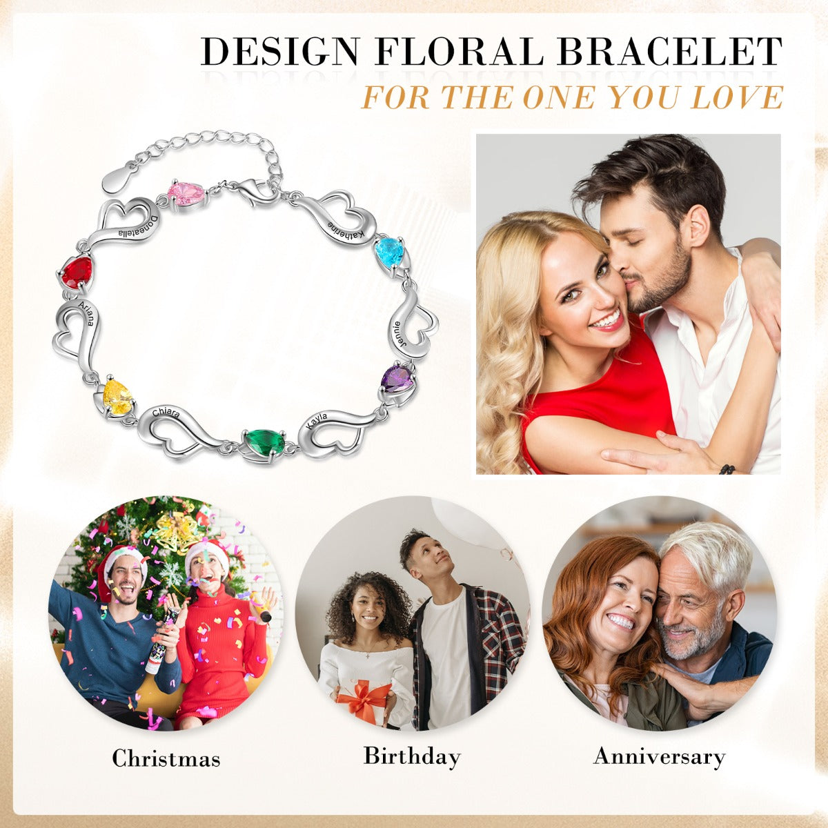 Rhodium Plated Heart Birthstone Bracelet