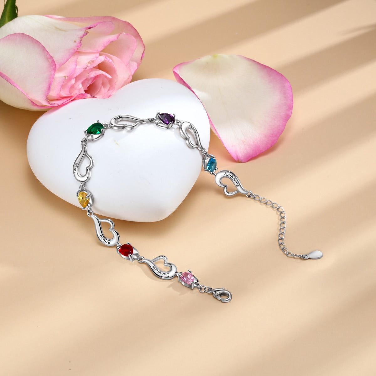 Rhodium Plated Heart Birthstone Bracelet