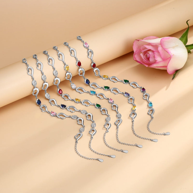 Rhodium Plated Heart Birthstone Bracelet