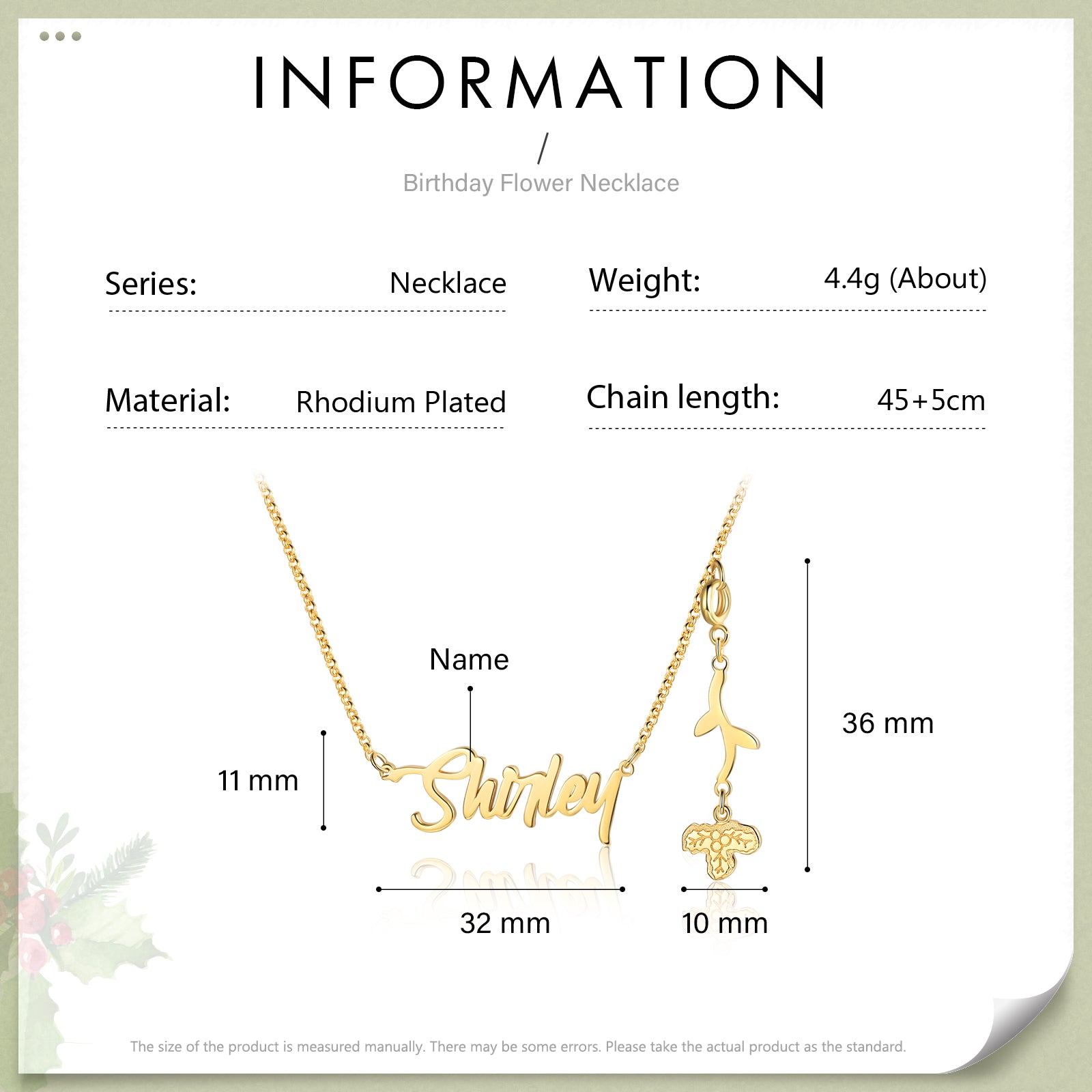 Personalized Rhodium Plated Birthflower Name Pendant Necklace