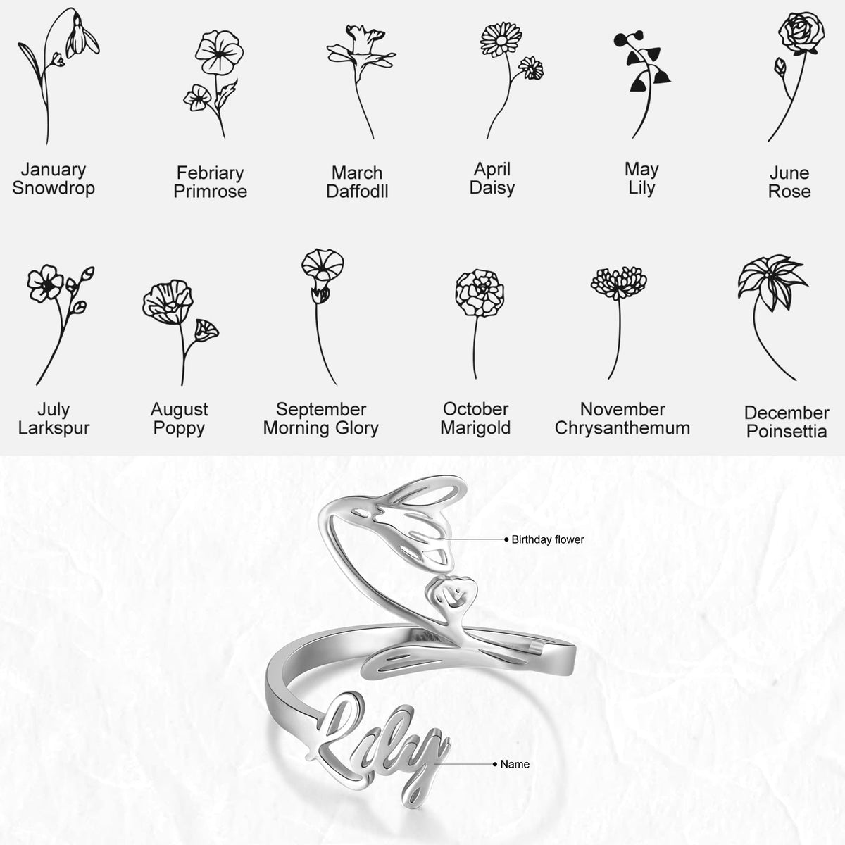 Adjustable  Birthflower Name Ring