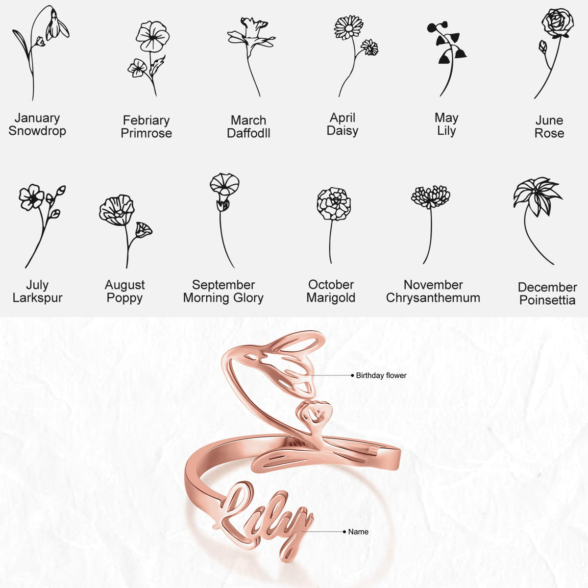 Adjustable  Birthflower Name Ring