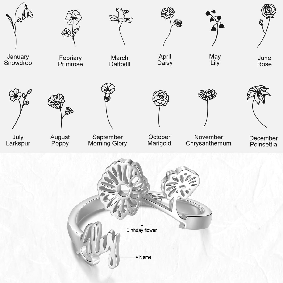 Adjustable  Birthflower Name Ring