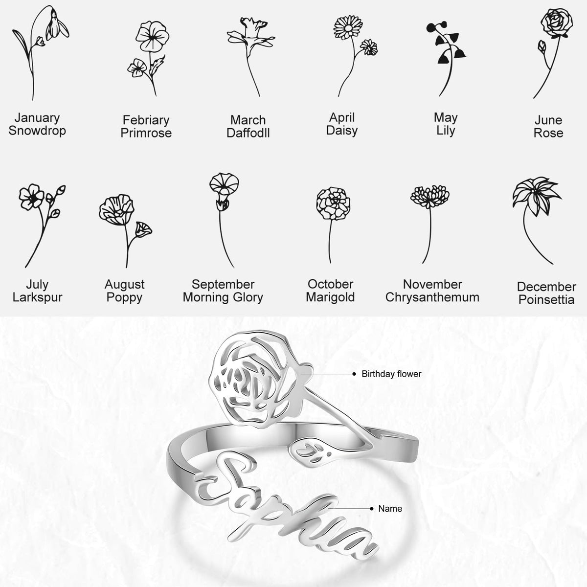 Adjustable  Birthflower Name Ring