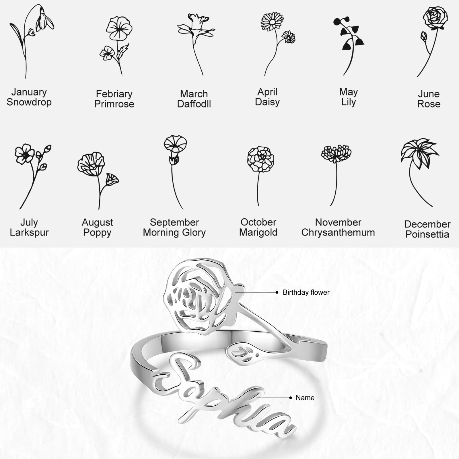Adjustable  Birthflower Name Ring