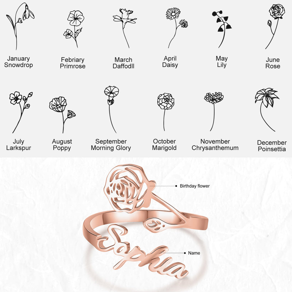 Adjustable  Birthflower Name Ring