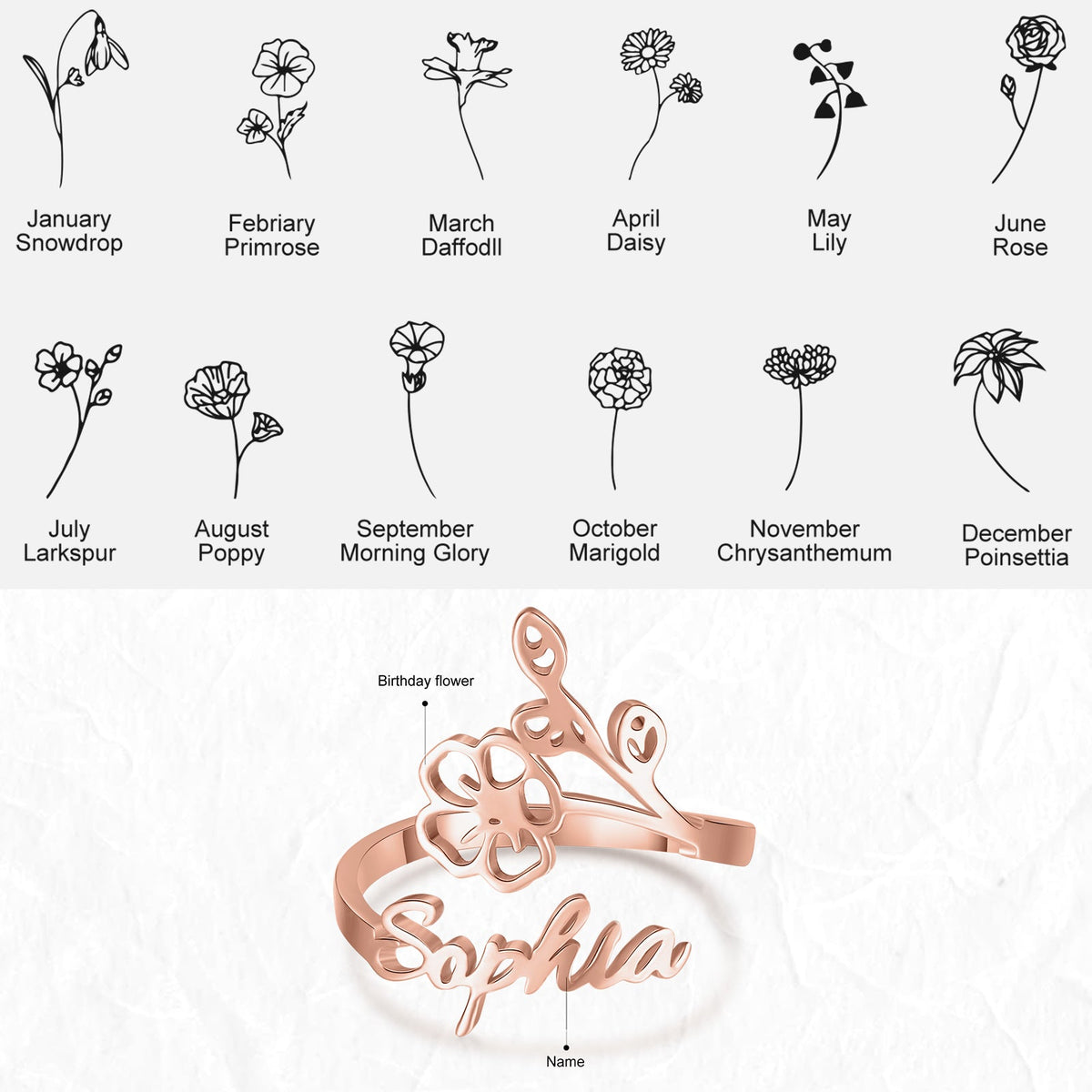 Adjustable  Birthflower Name Ring
