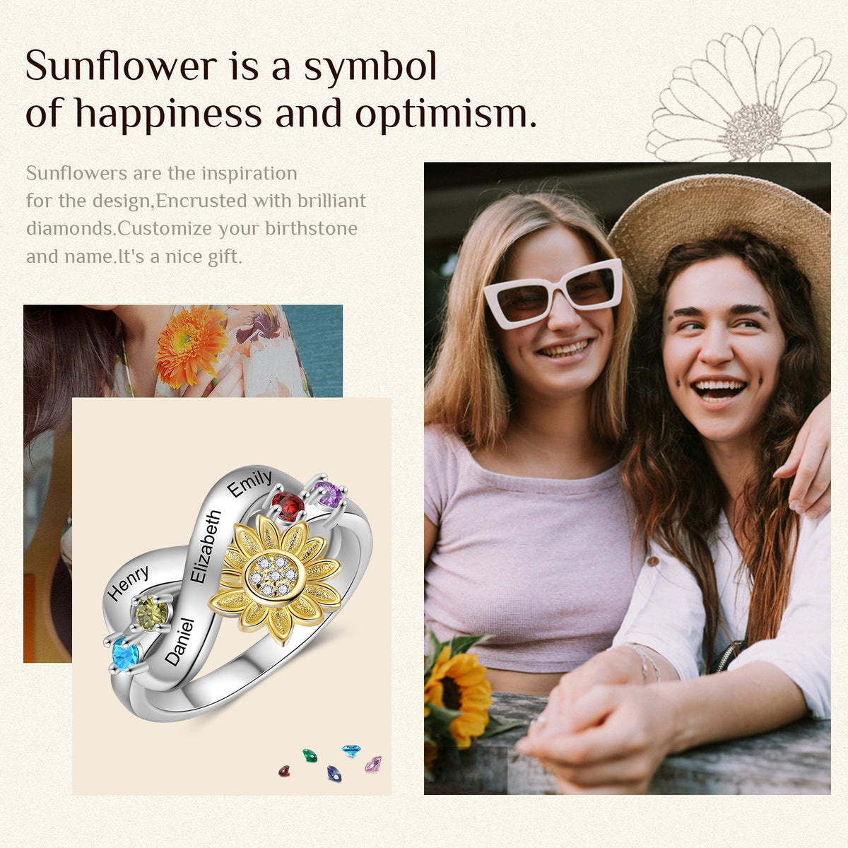 Rhodium Plated Sunflower Ring