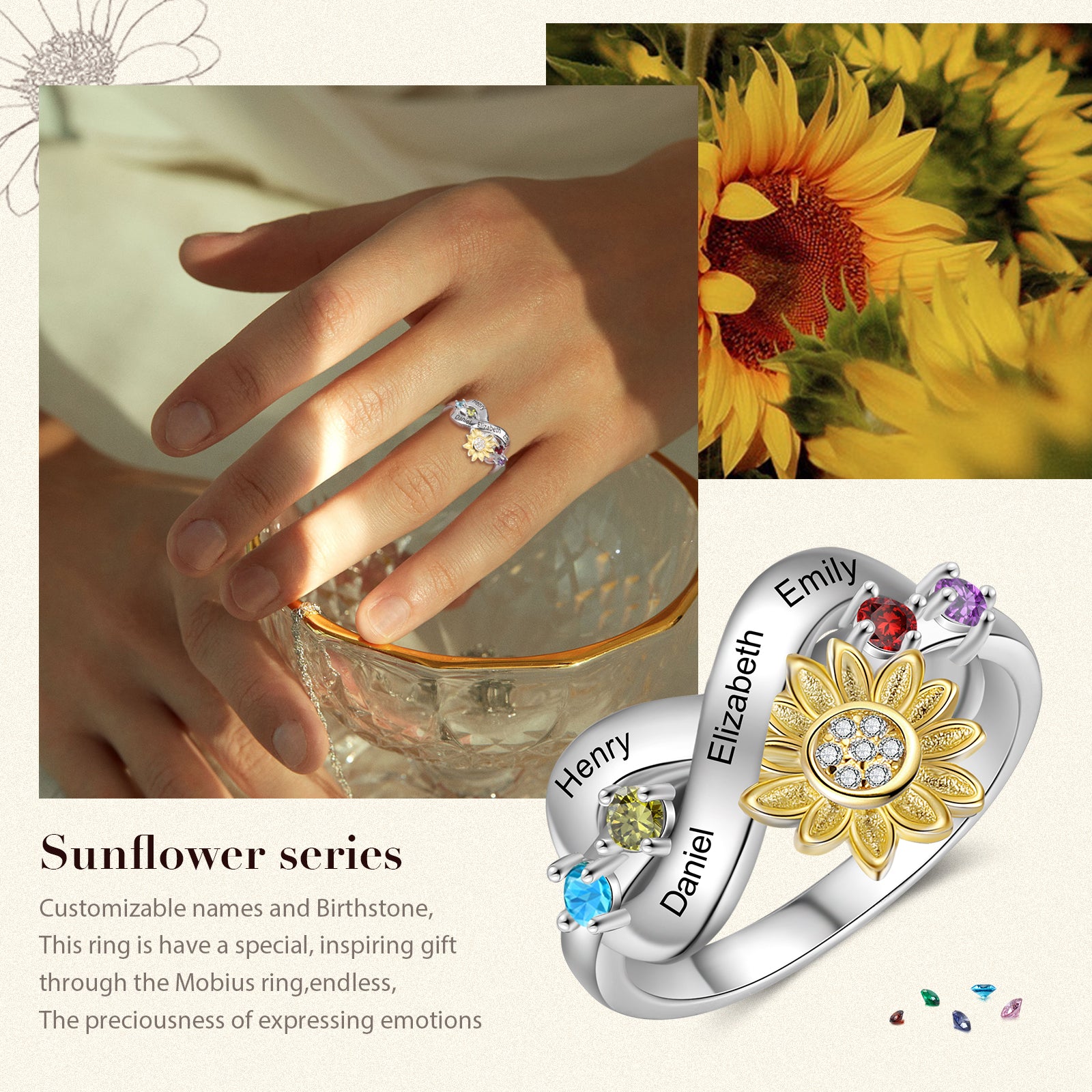 Rhodium Plated Sunflower Ring