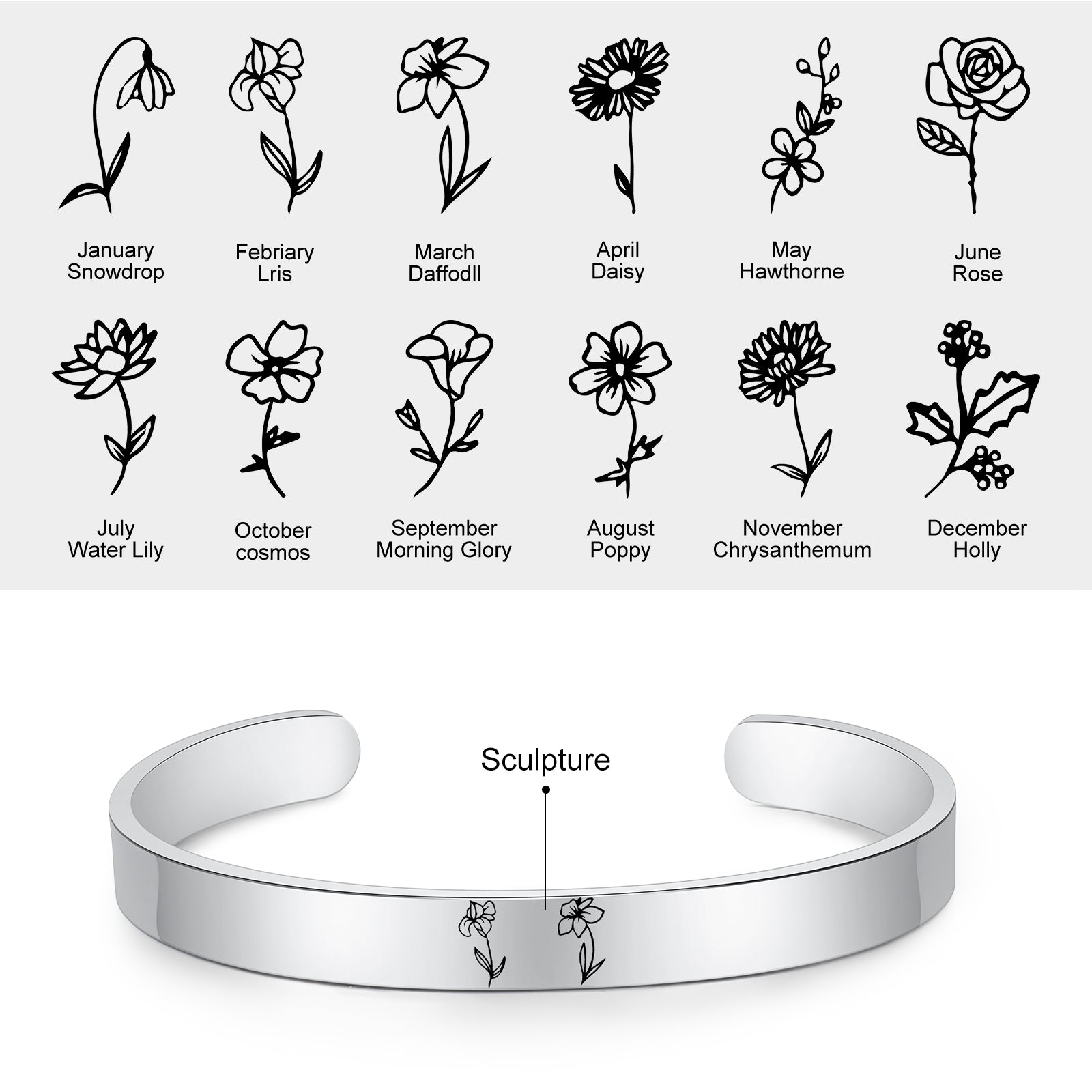 Stainless Steel Birthflower Bracelet