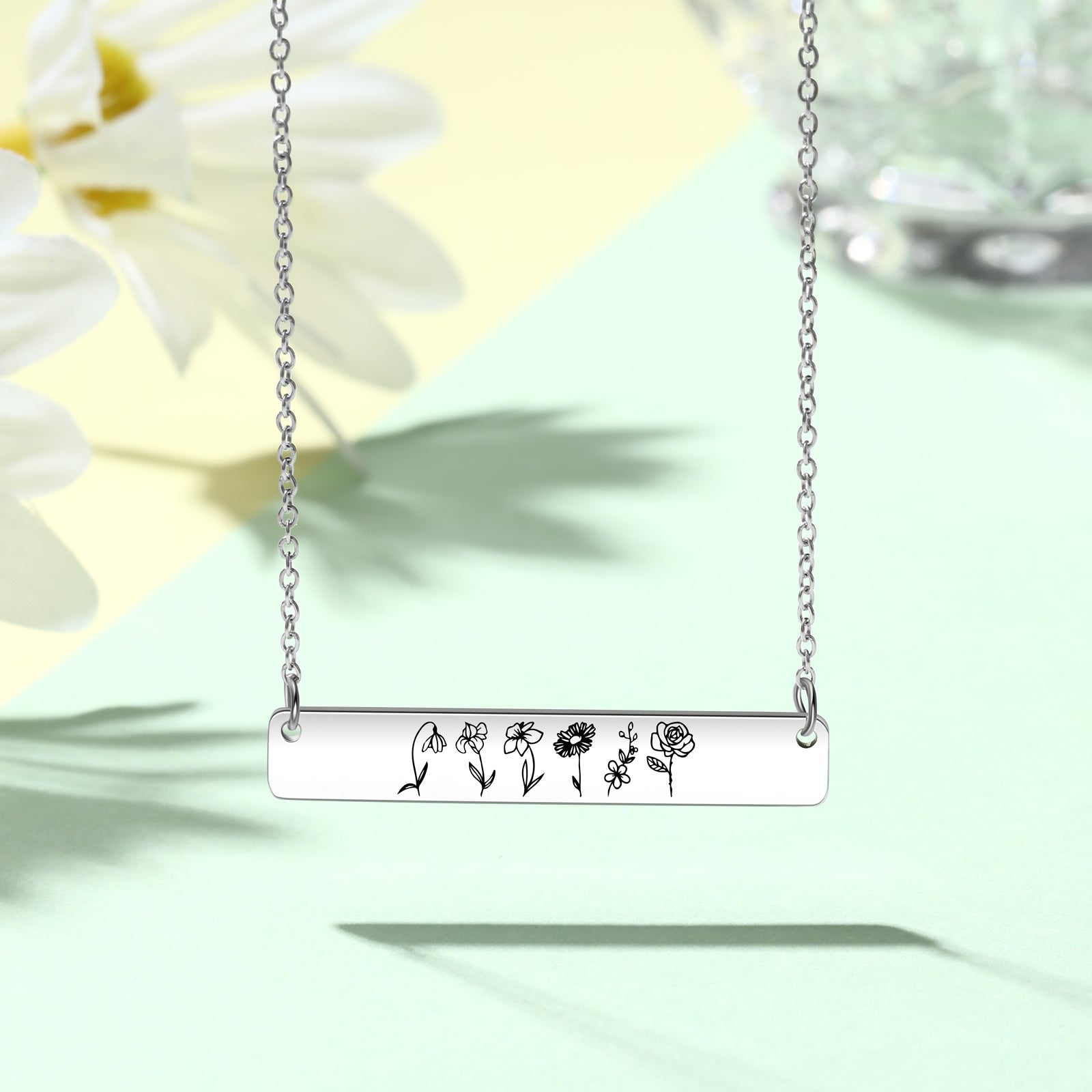 Stainless Steel Birthflower Vertical Bar Necklace