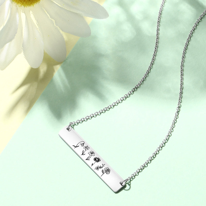 Stainless Steel Birthflower Vertical Bar Necklace