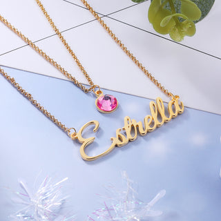 Custom Birthstone ＆ Engraved Name Necklace