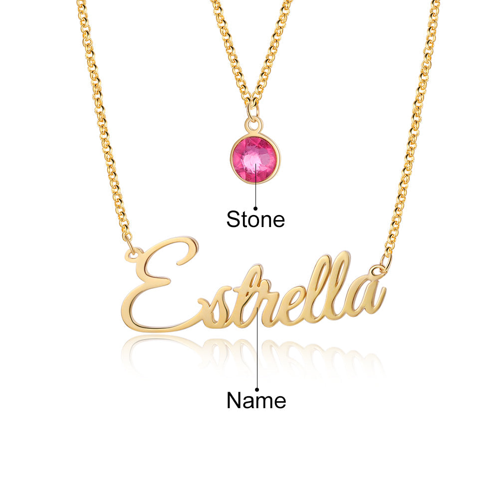 Custom Birthstone ＆ Engraved Name Necklace