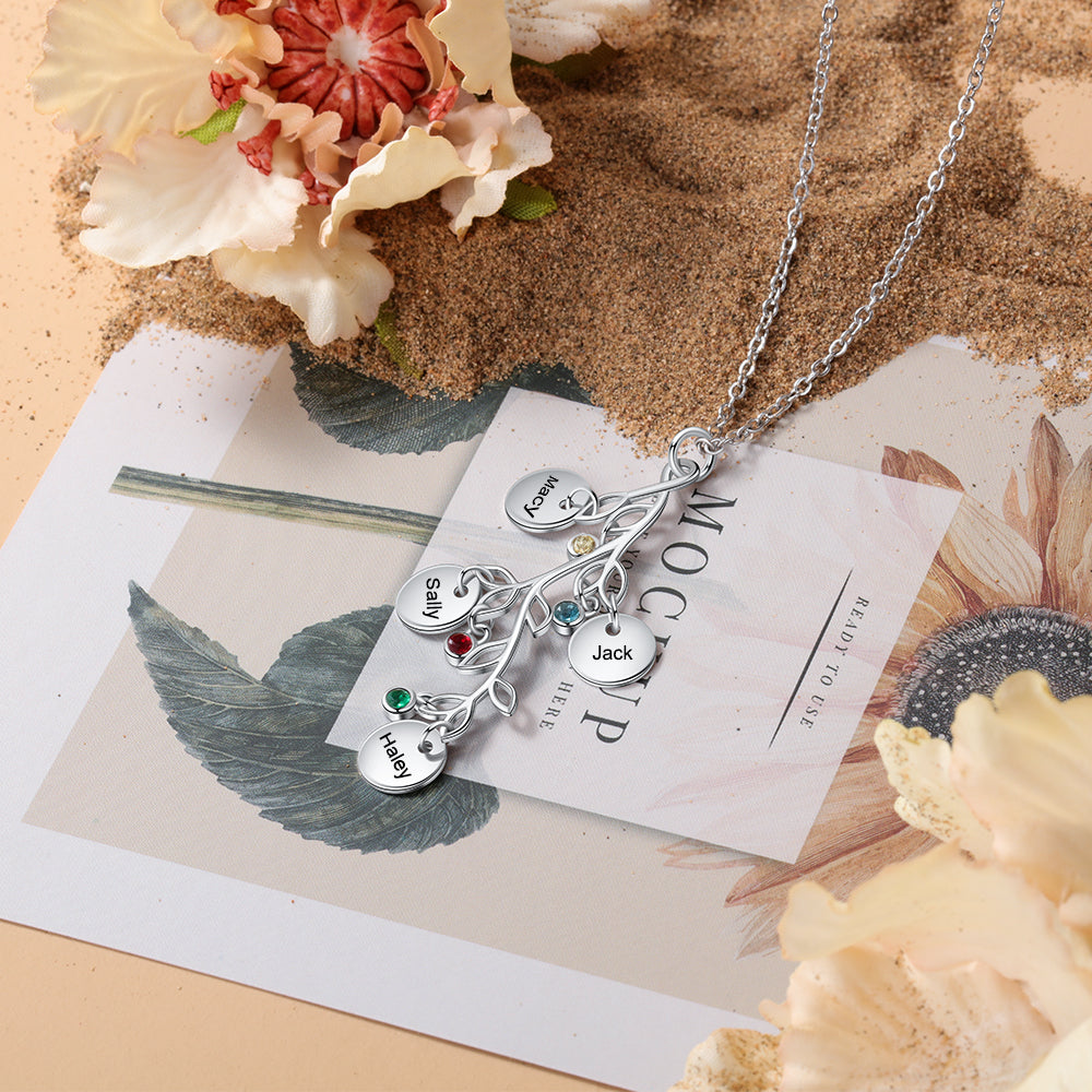 Birthstone & Engraved Rhodium Plated Necklace