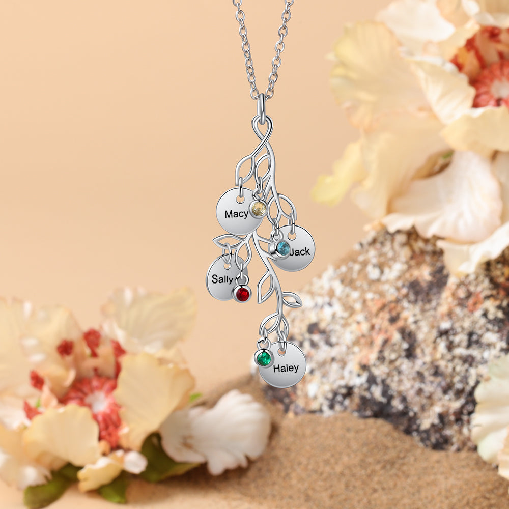 Birthstone & Engraved Rhodium Plated Necklace