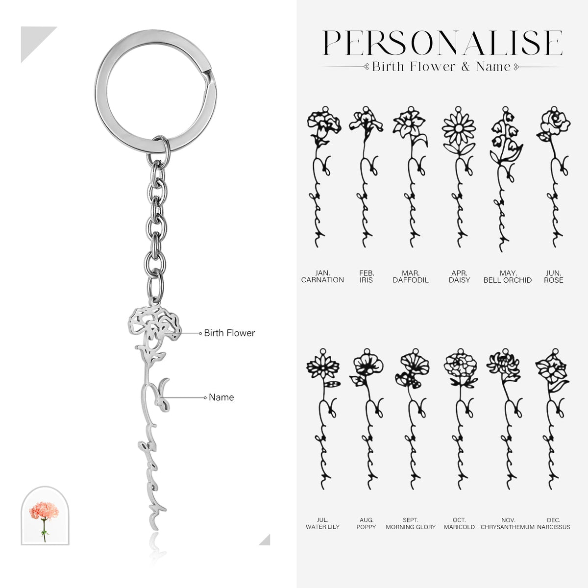 Custom Name Birthflower Keychain