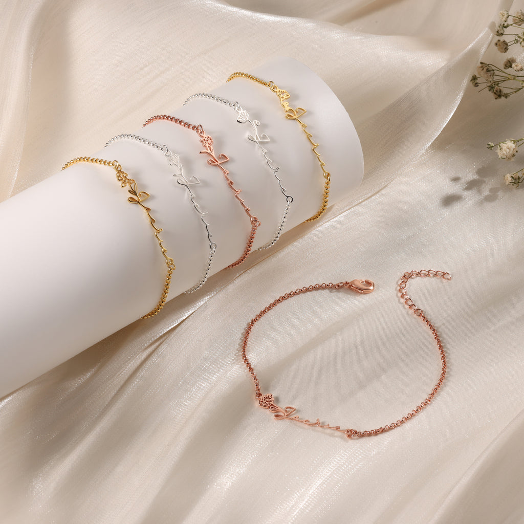 Custom Copper Birthflower Name Bracelet