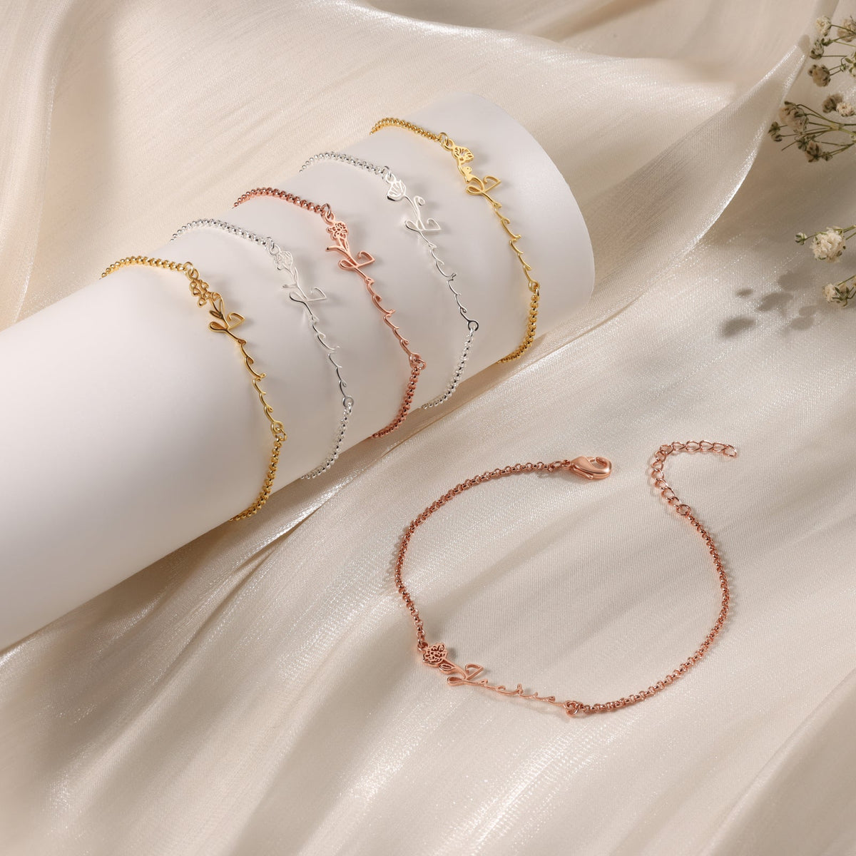 Custom Copper Birthflower Name Bracelet