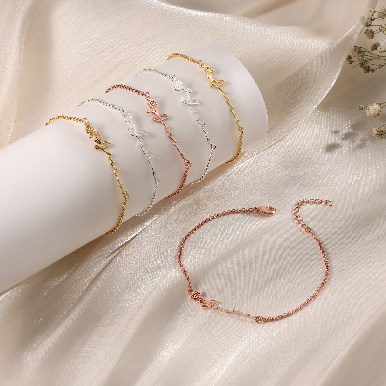 Custom Copper Birthflower Name Bracelet