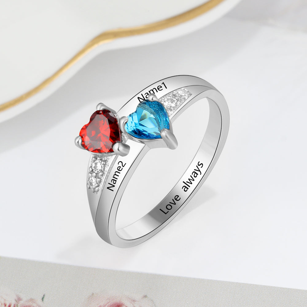 Heart Birthstone Ring with Personalized Names