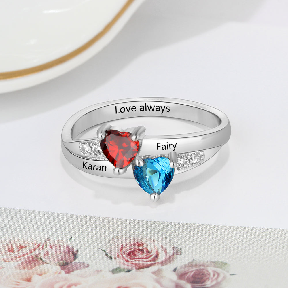 Heart Birthstone Ring with Personalized Names
