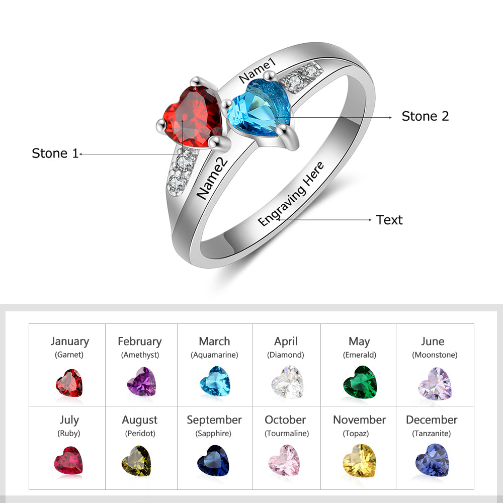 Heart Birthstone Ring with Personalized Names
