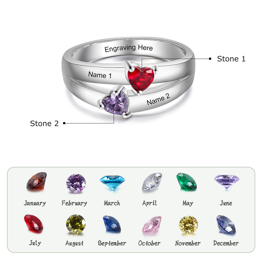 925 Sterling Silver Double Heart Birthtsone Ring