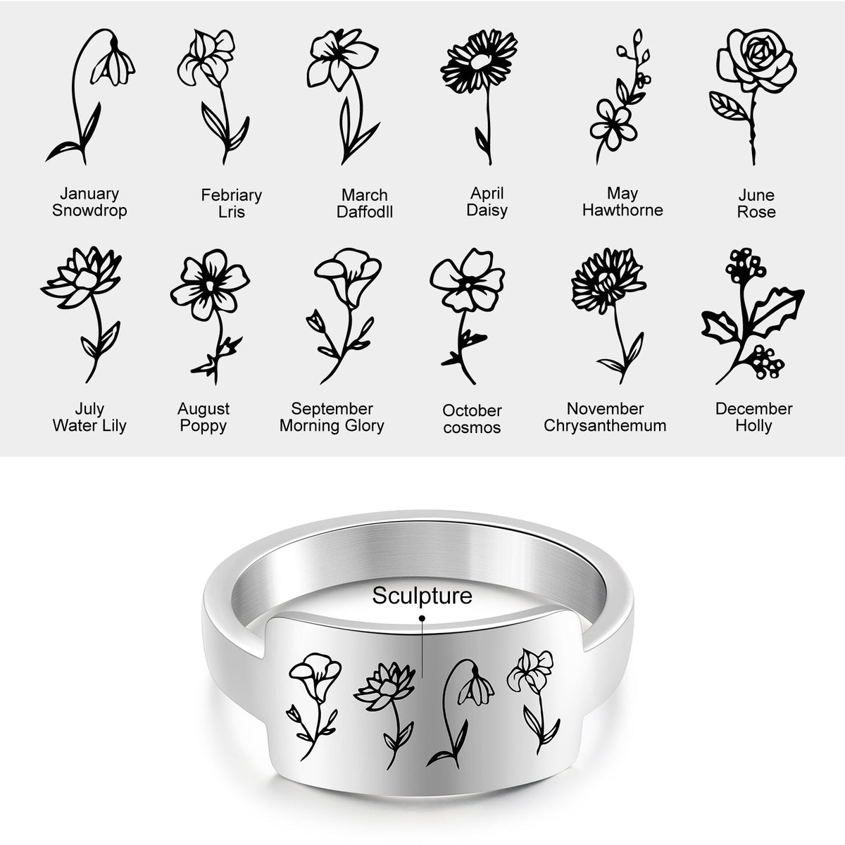 Custom One To Four Flower Birth Flower Ring