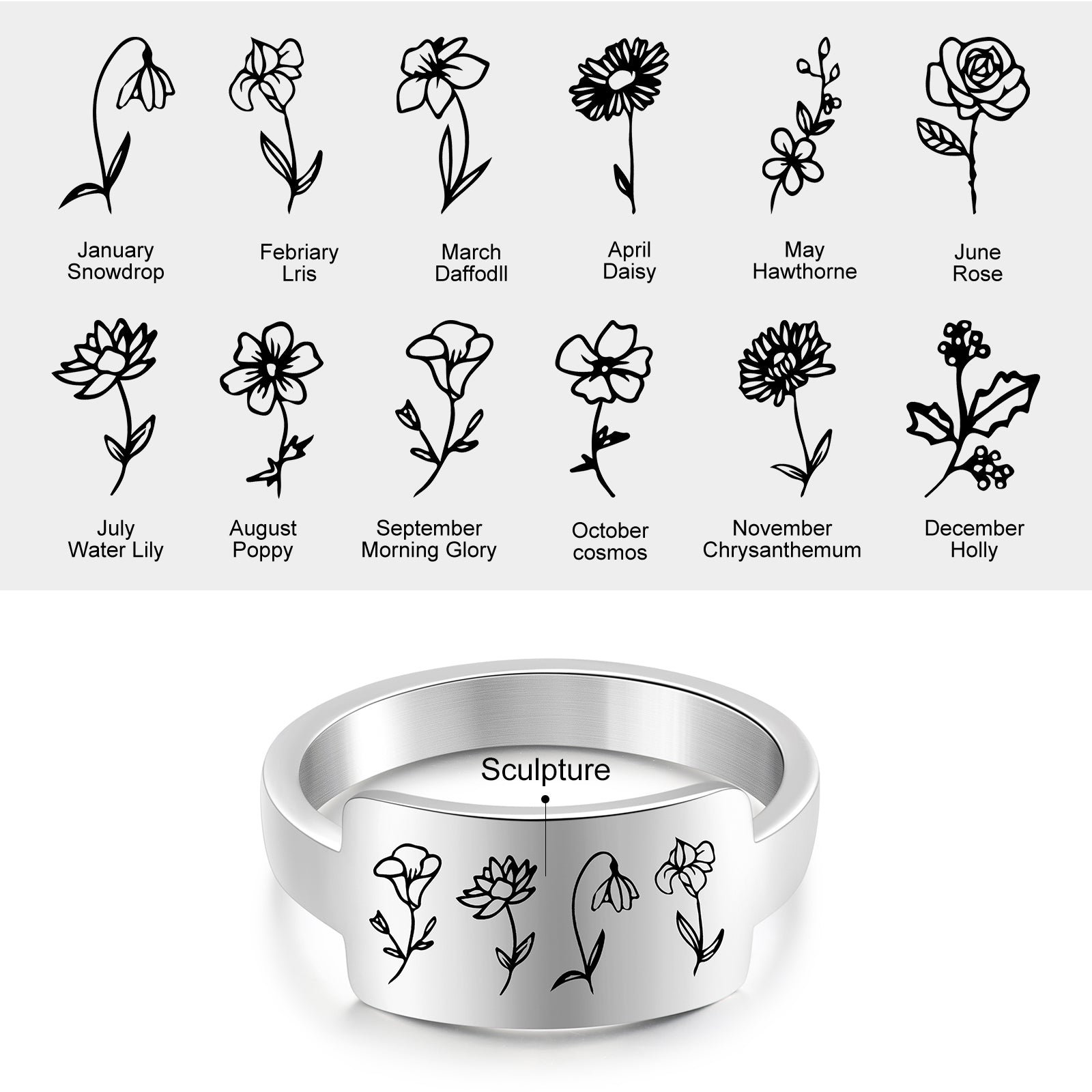 Custom One To Four Flower Birth Flower Ring