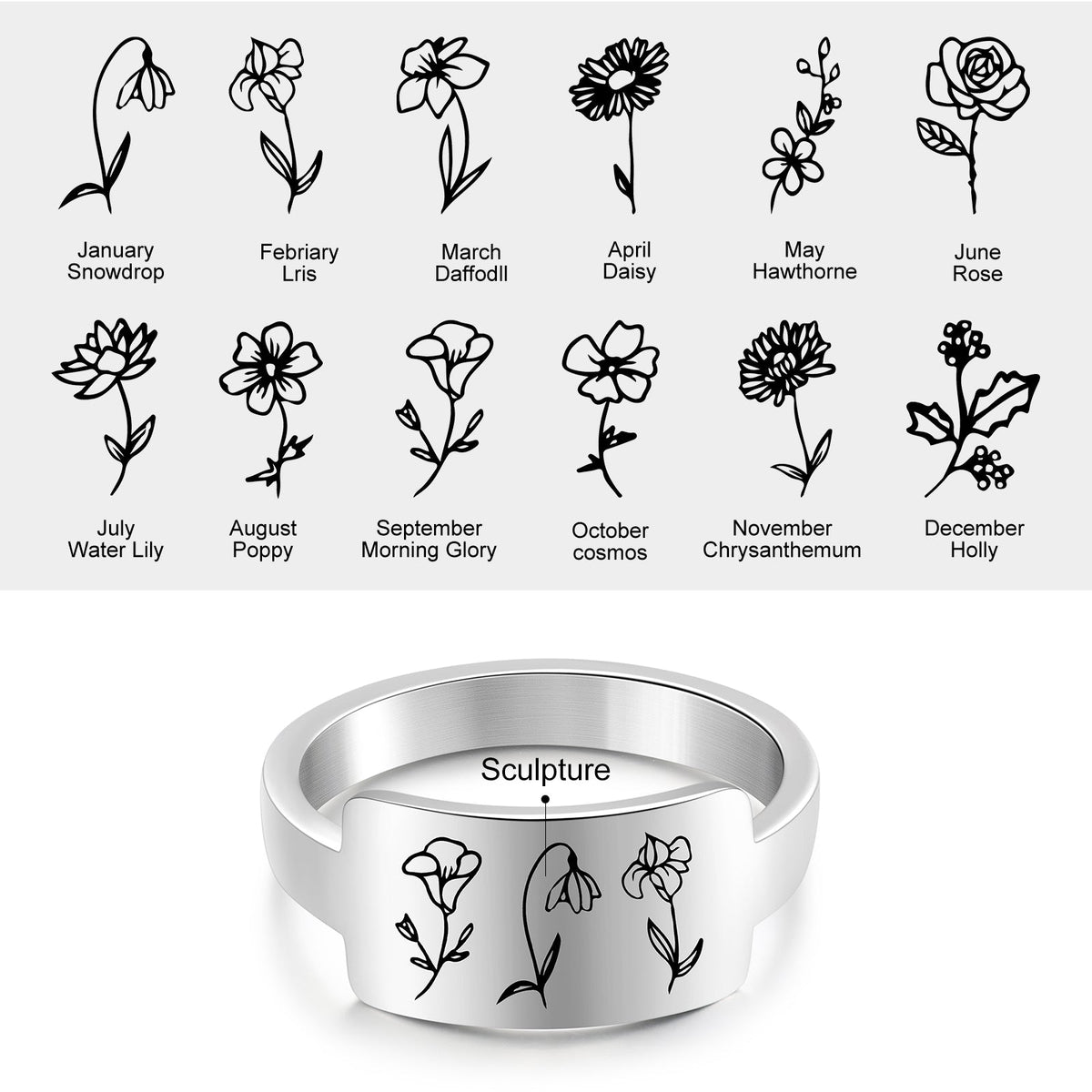 Custom One To Four Flower Birth Flower Ring