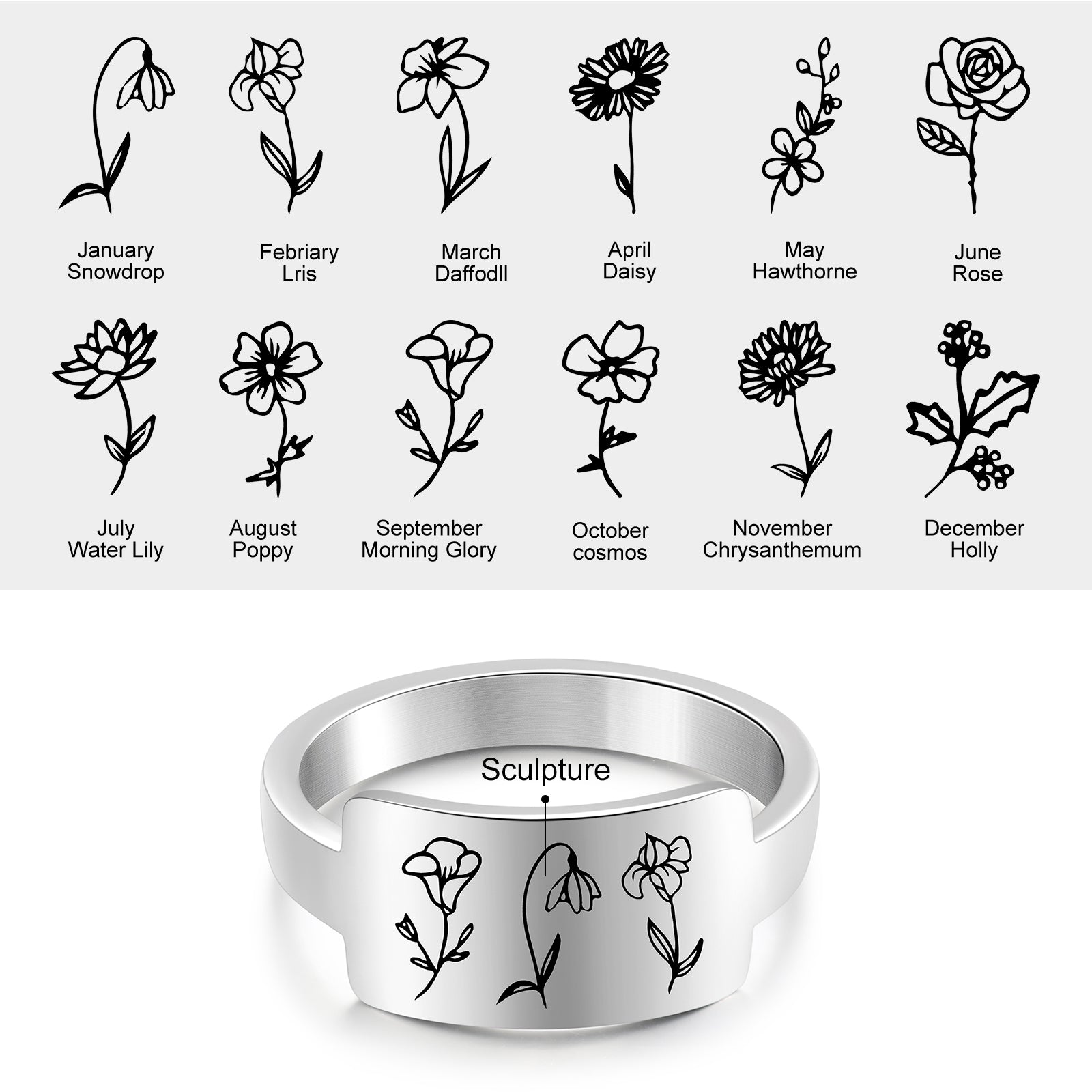 Custom One To Four Flower Birth Flower Ring