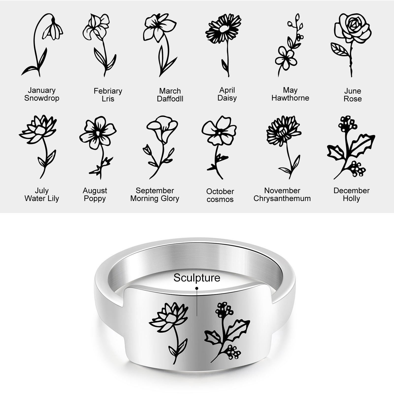 Custom One To Four Flower Birth Flower Ring