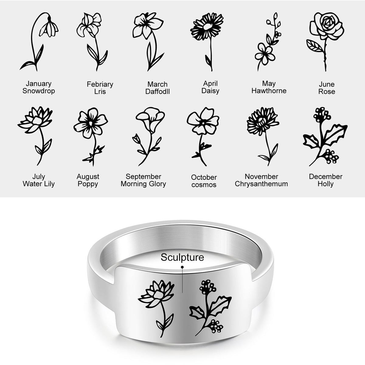 Custom One To Four Flower Birth Flower Ring