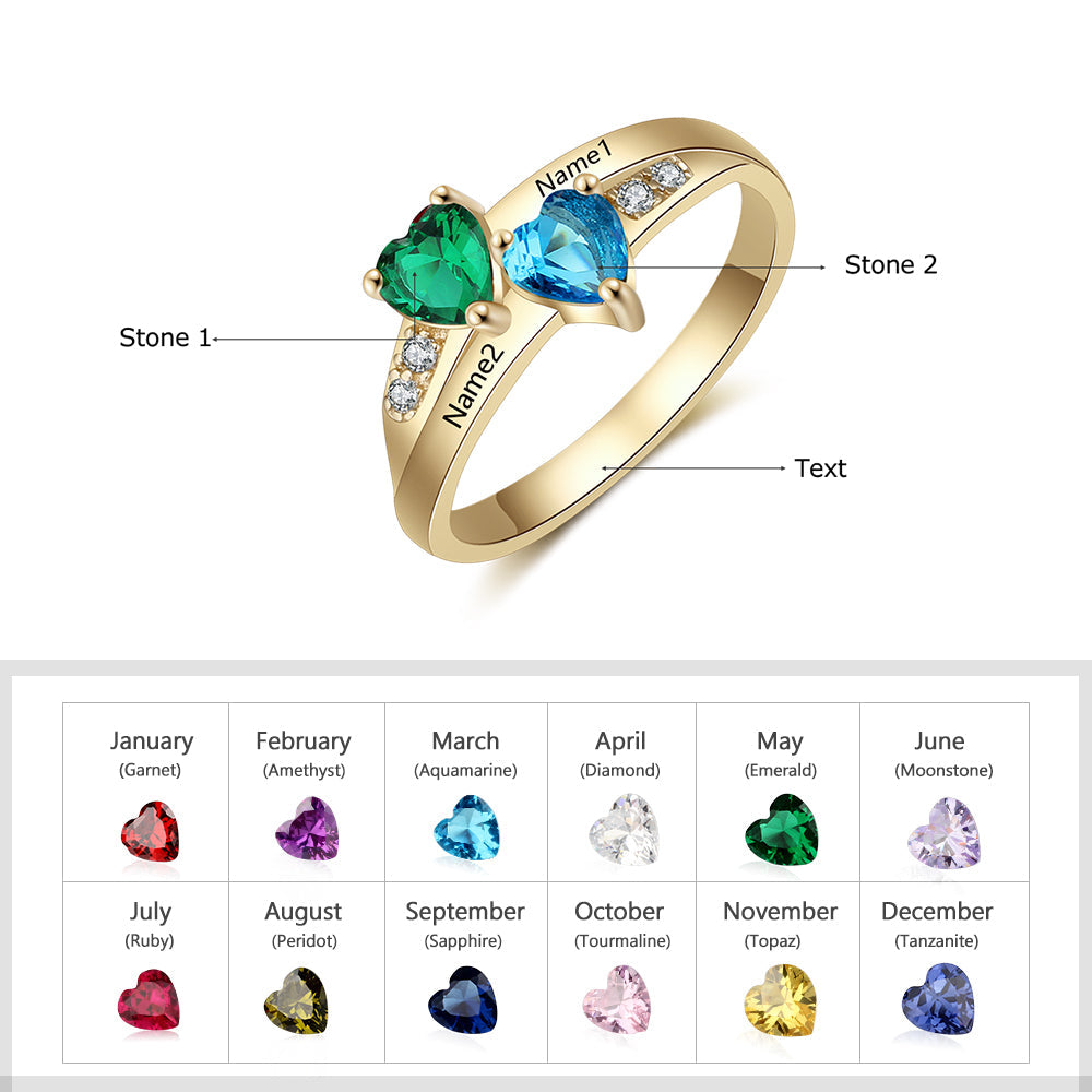 Heart Birthstone Ring with Personalized Names