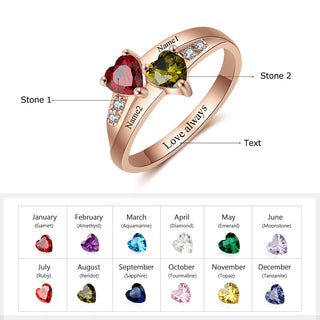 Heart Birthstone Ring with Personalized Names