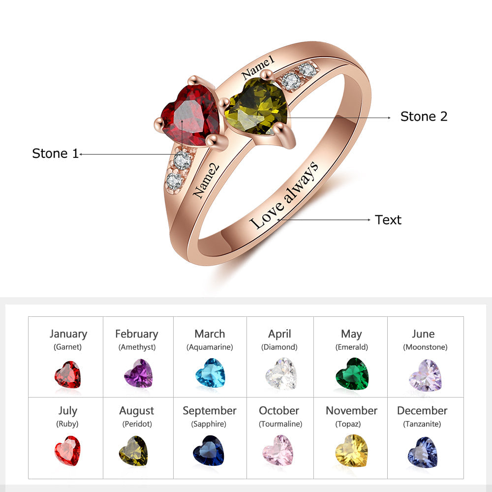 Heart Birthstone Ring with Personalized Names
